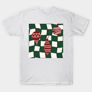 Abstract Checker Board with Christmas Tree Ornaments Cranberry Red and Forest Green T-Shirt